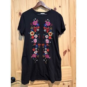 Umgee Womens Black Floral Embroidered T-Shirt Dress Mini Boho N4111 Size M